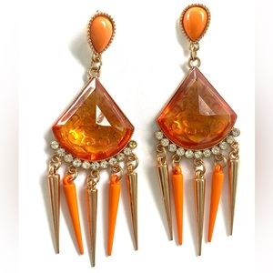 Orange Filigree long light crystal gold jewel spike statement fashion runway fun